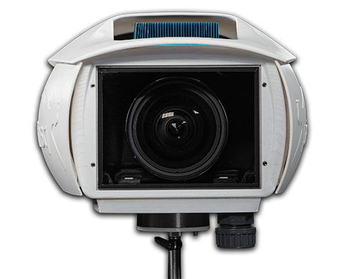 PanTerra Zeitrafferkamera mit weißem Gehäuse und integriertem Filter, robuste Lösung für professionelle Baustellendokumentation.