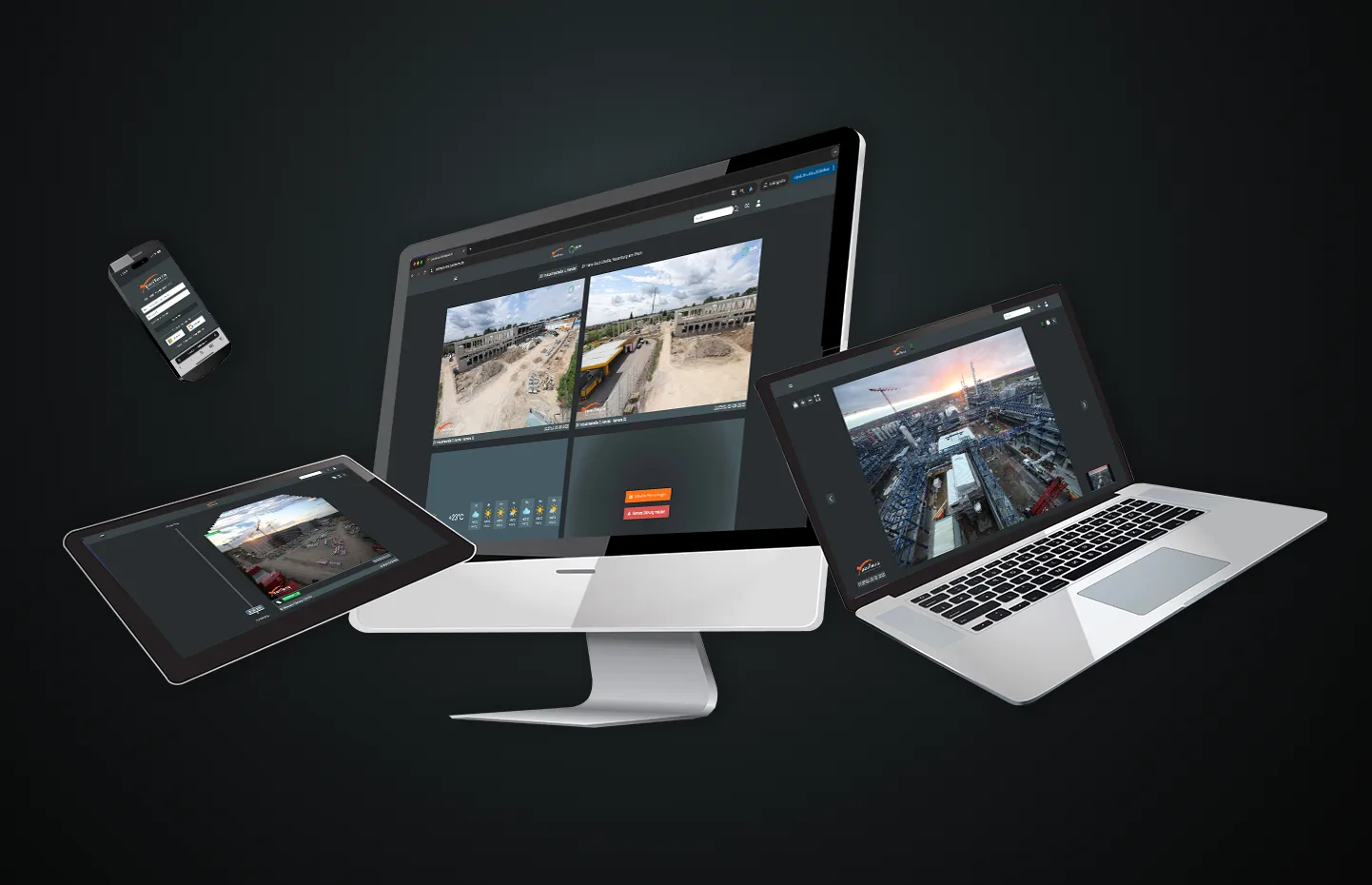 Online-Portal für Baustellenkamera und Zeitrafferansicht auf Desktop, Laptop, Tablet und Smartphone, für Live-Status, Vergleich und schnellen Export von Baufortschritt-Inhalten.