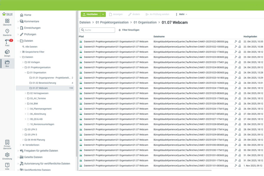 Dateiliste im Online Portal mit automatisch hochgeladenen Webcam Fotos, Basis für Baustellenzeitraffer aus der Baustellenkamera.